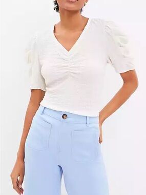 LOFT Cream V-Neck Puff Sleeve Textured Top